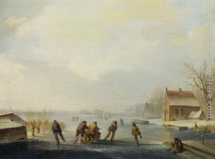 Jacobus Van Der Stok Skaters on a frozen waterway
